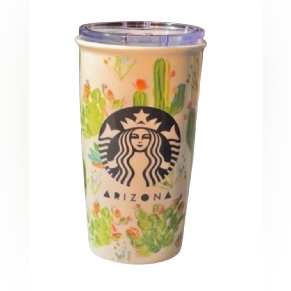Starbucks Arizona Cactus Floral Scene Ceramic Travel Mug Cup Tumbler 12 oz Lid